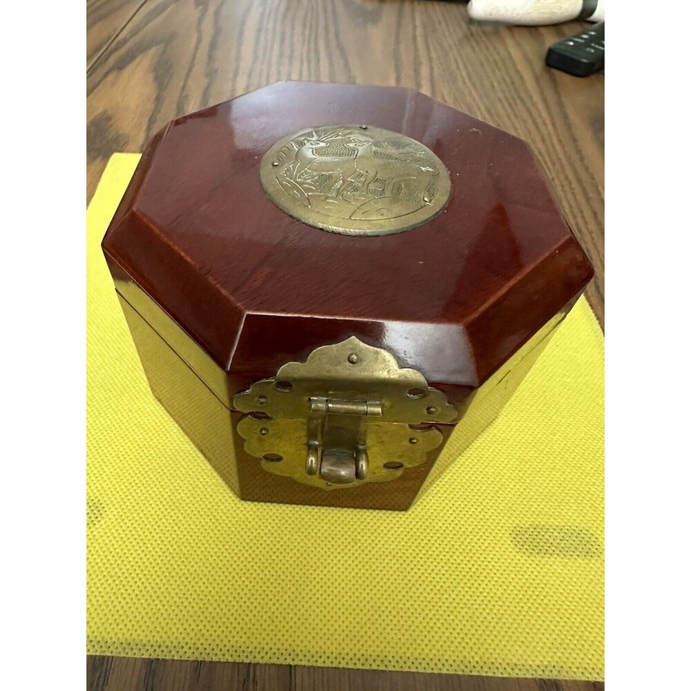 Japanese Lacquered Octagon Wood and Brass Jewelry Box, 5”x5”x3”